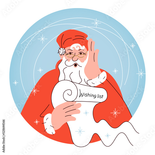 Christmas card with cute Santa Claus holding in his hands and reading a long letter christmas wishlist