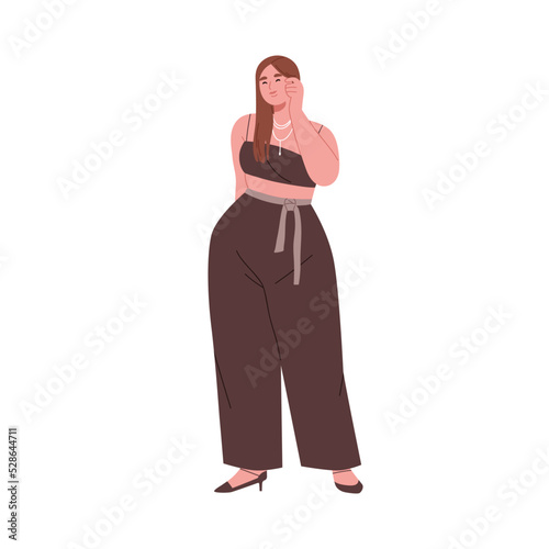 Chubby plump woman in fashion stylish clothes. Pretty fat girl with curvy figure, wearing modern evening outfit. Plu-size female portrait. Flat graphic vector illustration isolated on white background
