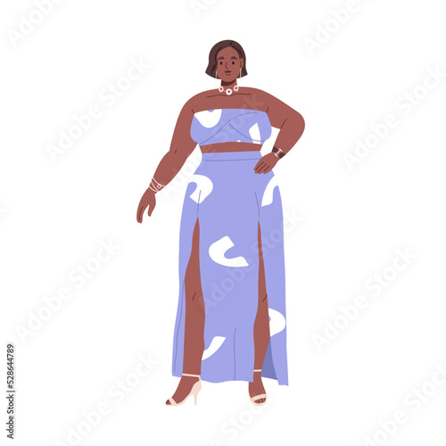 Pretty chubby fat woman portrait. African girl with plump curvy body, standing in elegant evening party dress. Modern plus-size female. Flat graphic vector illustration isolated on white background