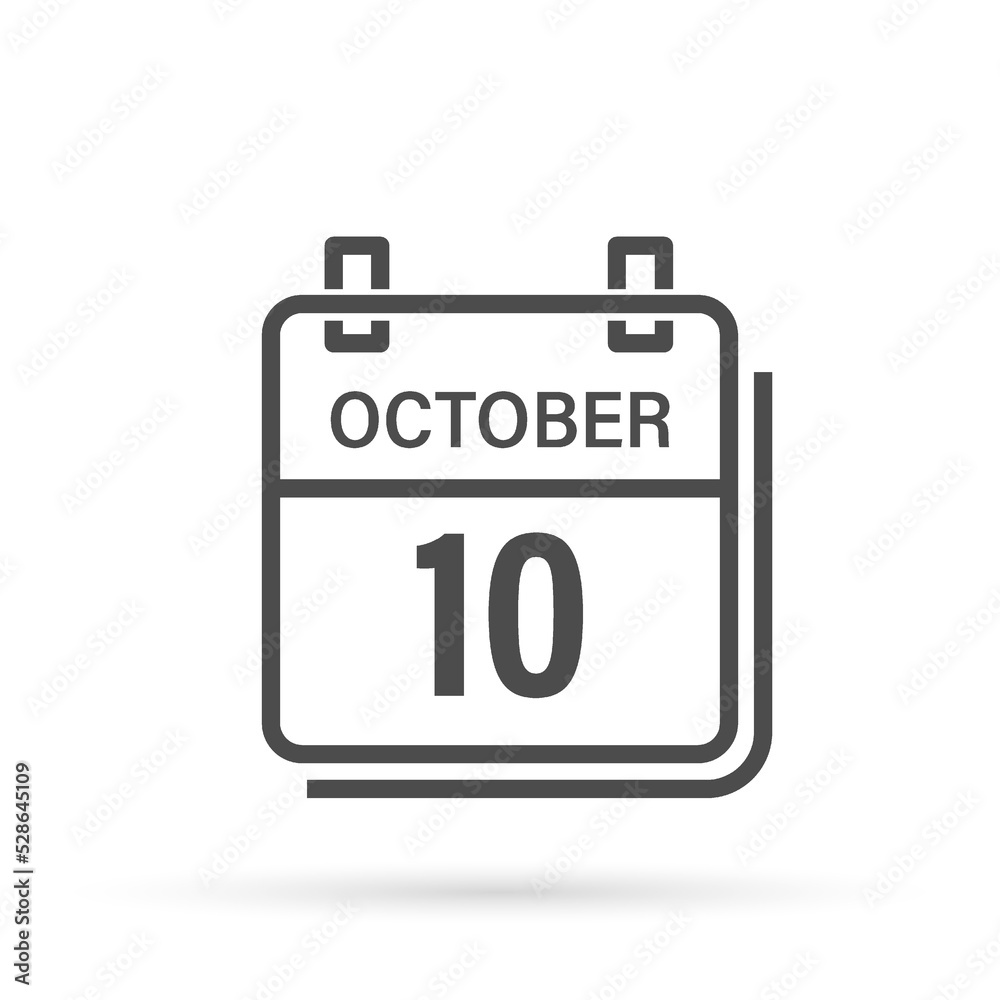 October 10, Calendar icon with shadow. Day, month. Flat vector illustration. October 10, Calendar icon with shadow. Day, month. Flat vector illustration.