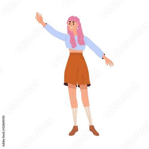 Happy girl greeting, waving with hand, gesturing hi. Young modern excited wom...