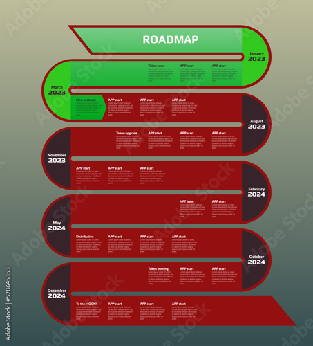 Roadmap with red winding road and green completed milestones on gray background. Vertical infographic timeline template for business presentation. Vector.