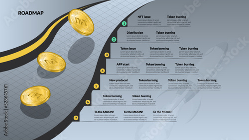 Roadmap with isometric NFT golden coins and copy space on curved line on silver background. Infographic timeline template for business presentation. Vector.