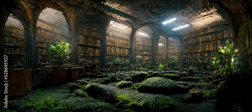 Abandoned library hall with mossy rocks and bookcases