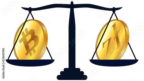 Gold coin of Bitcoin BTC and Polish Zloty PLN on scales isolated on white background. Laws on digital assets CBDC. Design element.