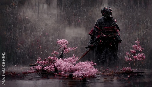 Samurai cyber with sword near pink flowers on pond bank