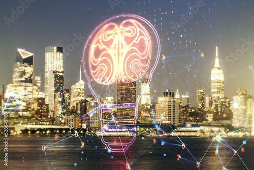 Abstract virtual idea concept with light bulb and human brain illustration on New York city skyline background. Neural networks and machine learning concept. Multiexposure