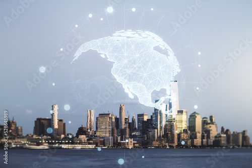 Double exposure of digital map of North America hologram on New York city skyscrapers background, research and strategy concept