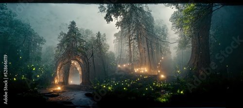 Photographie Portal of braided trees and fairy lights in misty forest