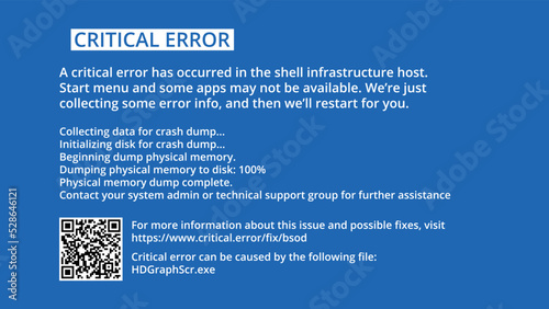 Critical error. BSOD screen - warning about an unrecoverable error requiring technical support from a specialist. Blue screen with a description of a critical error. Computer problem concept. photo