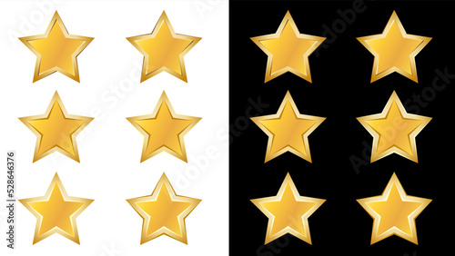 Set of golden rating stars with borders on white and black background. For rating or decorative decoration. Design element.