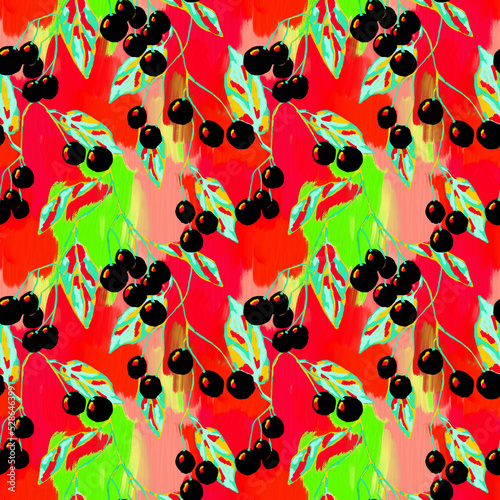 Black berry bird cherry currant seamless pattern. Colorful textured leaves abstract repeat print. Botanical design on red green background.