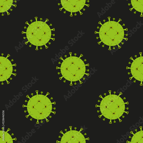 Seamless pattern of green viruses on a black background. Acute respiratory virus infection.