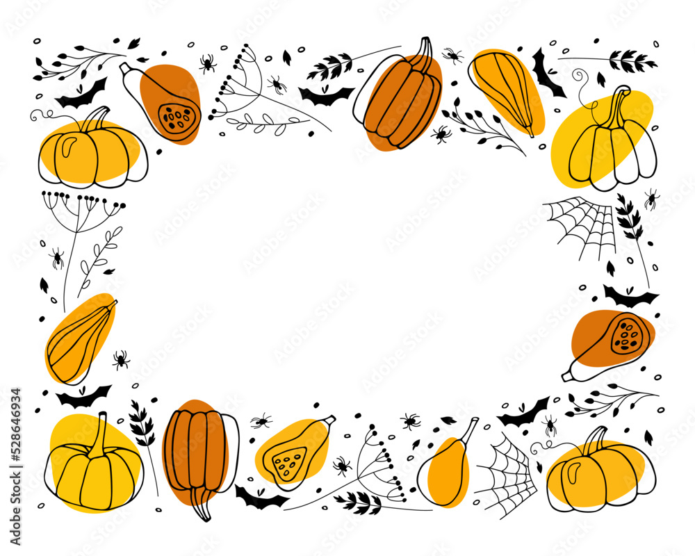 Halloween frame. Rectangular Border with orange Pumpkins, black dry plants, bat, spider, cobweb. Hand drawn autumn vector backdrop with copy space. Halloween holidays sketch design