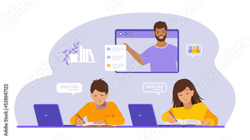  Online education concept, home schooling. E-learning banner.