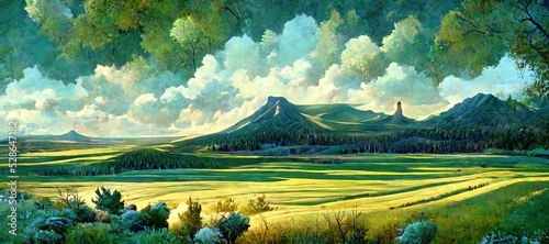 Watercolor style scenic summer green landscape, pine forest trees panoramic vista - gorgeous clouds and mountain hills. Tranquil and peaceful outdoor nature art. 