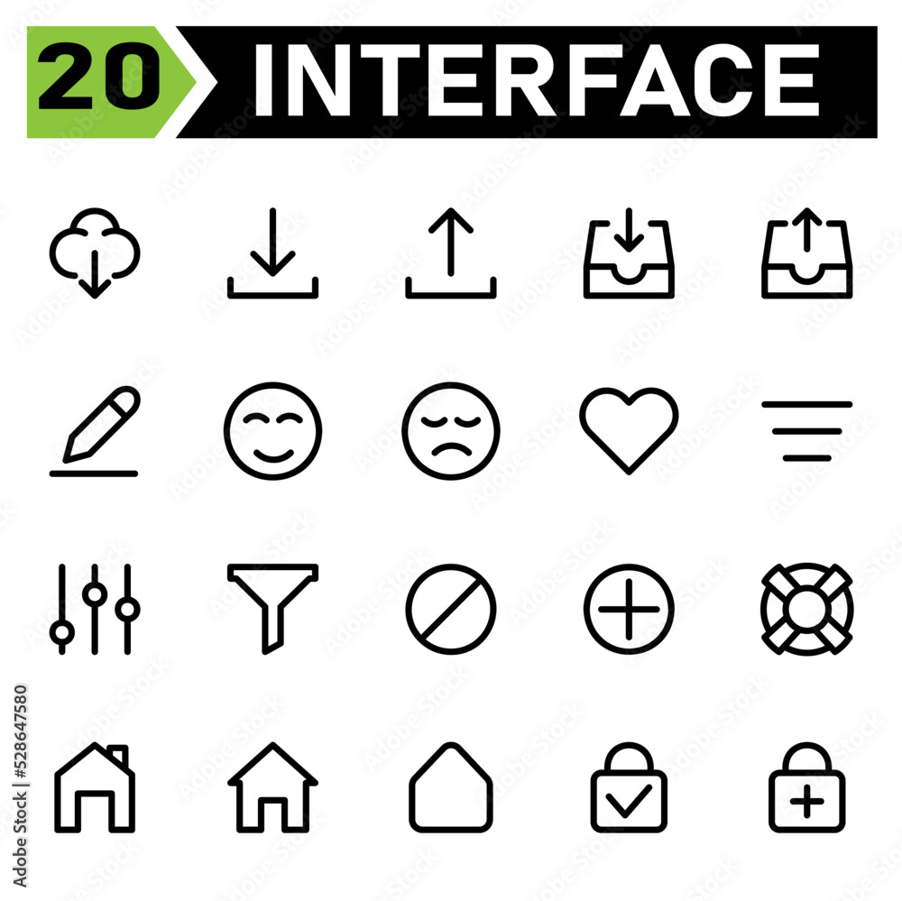 User interface icon set include cloud, weather, download, user interface, arrows, upload, draw, pencil, edit, face, emoticon, smile, sad, love, favorite, filter, menu, option, tunnel, block full cross User interface icon set include cloud, weather, download, user interface, arrows, upload, draw, pencil, edit, face, emoticon, smile, sad, love, favorite, filter, menu, option, tunnel, block full cross