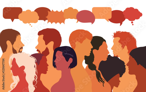 Various people speaking and talking. Cartoon heads with a diversity of ethnicities in profile. Communication concept and speech bubble. Multi-ethnic multicultural dialogue group.
