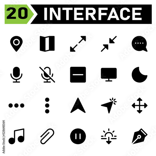 User interface icon set include map, pin, location, user interface, guide, direction, maximize, full screen, enlarge, arrows, minimize, reduce, close, message, chat, misc, communication, mic, podcast