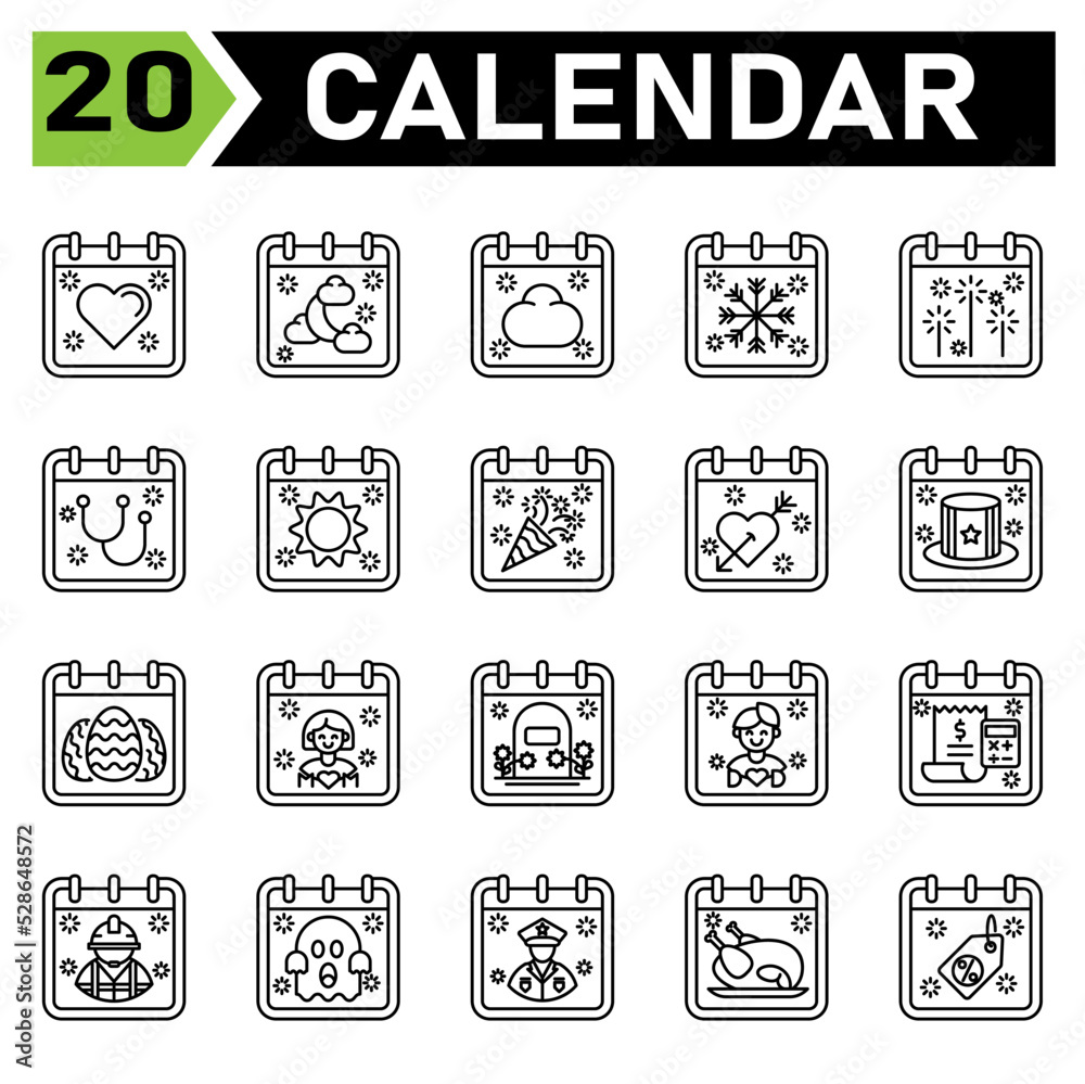 Obraz premium Calendar event icon set include love, hearth, calendar, date, event, islam, moon, cloud, weather, snow, flake, firework, party, stethoscope, doctor, medical, sun, day, new year, birthday, valentine