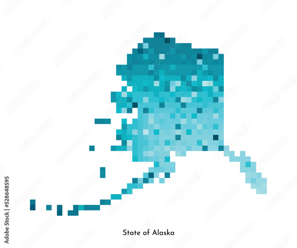 Vector isolated geometric illustration with icy blue area of USA - State of Alaska map. Pixel art style for NFT template. Simple colorful logo with gradient texture