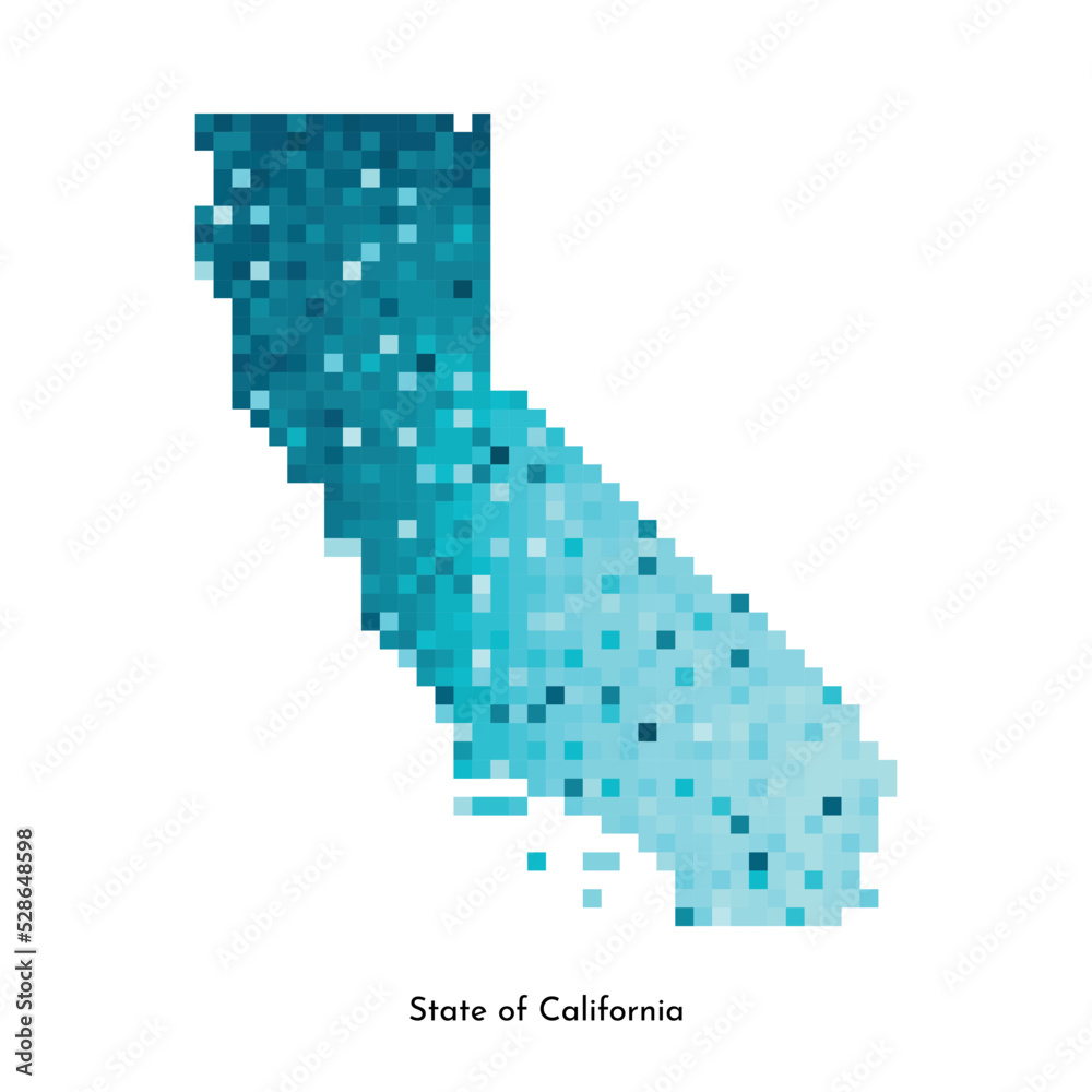 Vector isolated geometric illustration with icy blue area of USA - State of California map. Pixel art style for NFT template. Simple colorful logo with gradient texture