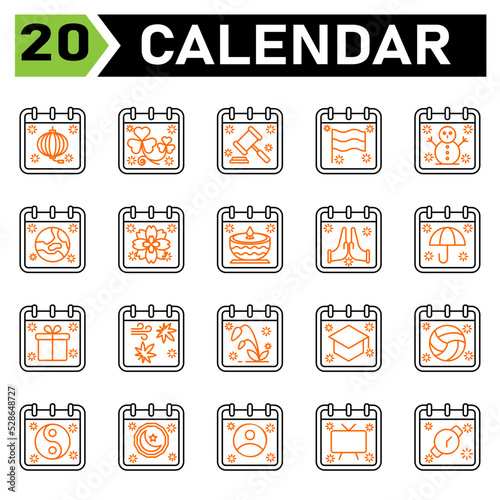 Calendar event icon set include chinese new year, calendar, date, event, st Patrick, day, law, flag, snowman, winter, earth, world, planet, flower, japan, diwali, hindu, pray, hope, hand, umbrella