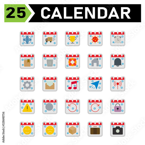 Calendar event icon set include global, world, calendar, date, event, van, appointment, trophy, corona, virus, alarm, clock, book, school, trash, delete, buoy, safety, house, home, bell, gear, setting