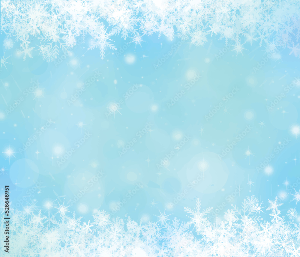 水色の背景にキラキラした雪の結晶ー抽象的な冬イラスト背景素材