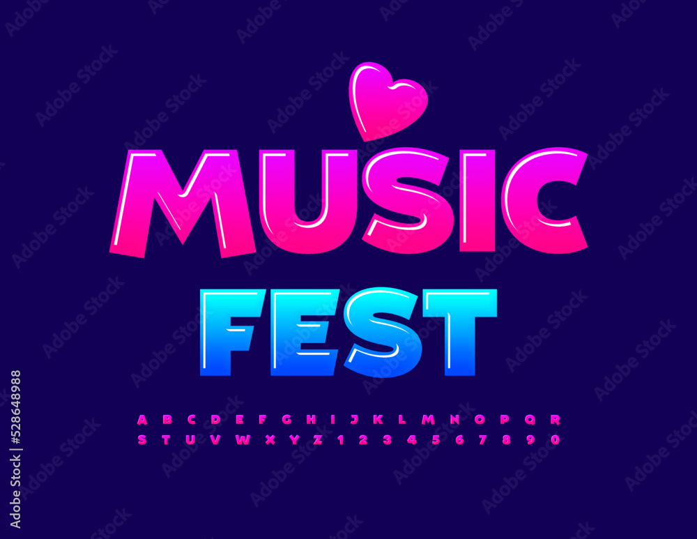 Vector event poster Music Fest with decorative Font. Creative glossy Font. Gradient bright Alphabet Letters and Numbers set