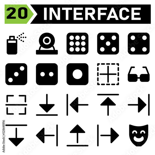 User interface icon set include spray, can, aerosol, bottle, user interface, web cam, camera, cam, record, dice, game, casino, gamble, leisure, border, inner, layout, excel, glasses, read, view