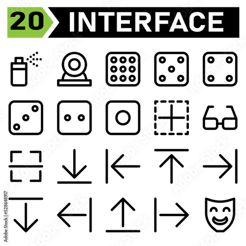 User interface icon set include spray, can, aerosol, bottle, user interface, web cam, camera, cam, record, dice, game, casino, gamble, leisure, border, inner, layout, excel, glasses, read, view