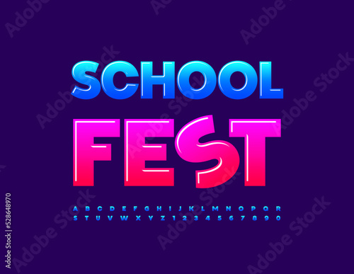 Vector playful logo School Fest.  Blue glossy Font. Bright Alphabet Letters and Numbers