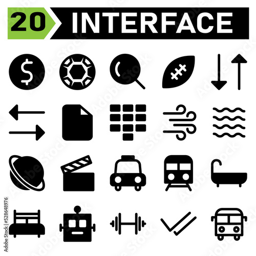 User interface icon set include dollar, money, value, symbol, sign, user interface, football, sport, ball, soccer, game, search, magnifying, glass, zoom, rugby, american, transfer, data, download