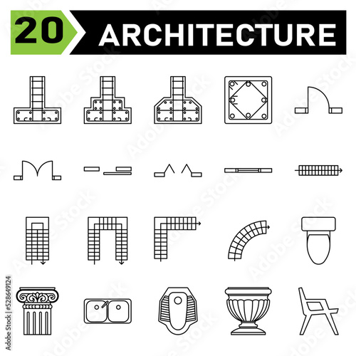 Architecture symbol icon set include pad, footing, structure, stepped, sloped, column, concrete, single, door, double, sliding, window, ventilation, stair, walk, step, u stair, l stair, curved, toilet