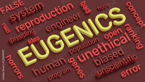 Eugenics idea concept 3d illustration. Word cloud of eugenics terms photo