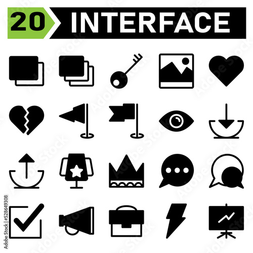 Web interface icon set include layer, web app, add, stack, server, key, keyword, security, protect, image, album, picture, photos, heart, essential, favorite, broken, crack, flag, milestone, finish
