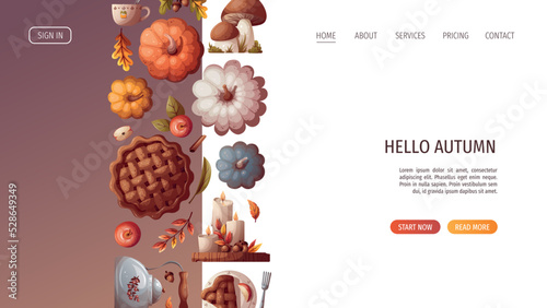 Pumpkins, apple pie, candles, kettle,  autumn leaves. Autumn, harvest, thanksgiving day, fall concept. Vector illustration. Website banner template.