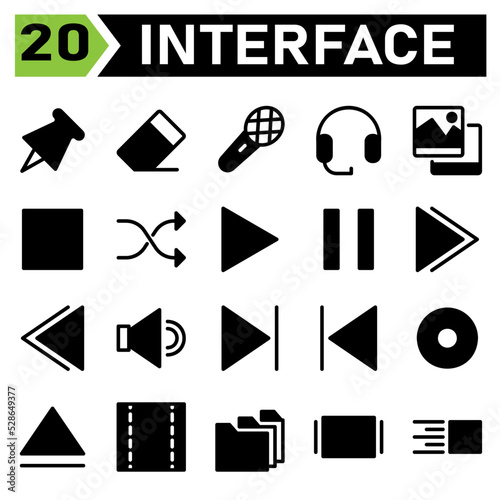 Web interface icon set include pin, web app, pushpin, tack, thumbtack, fasten, eraser, clean, remove, rubber, microphone, record, audio, board cast, headphone, support, earphone, gallery, picture