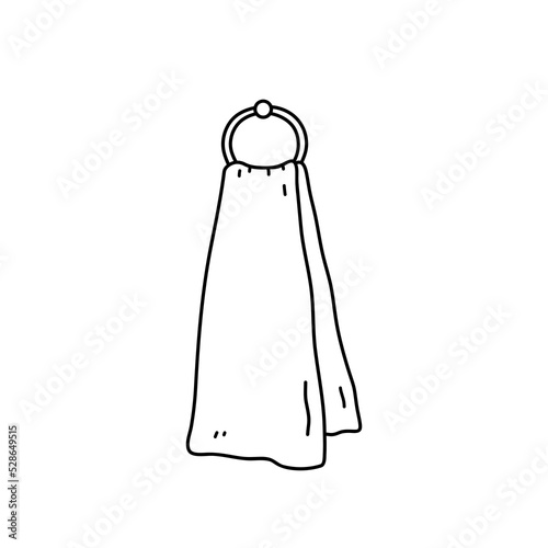 Fabric towel hanging on the ring isolated on white background. Vector hand-drawn illustration in doodle style. Perfect for decorations, logo, various designs.