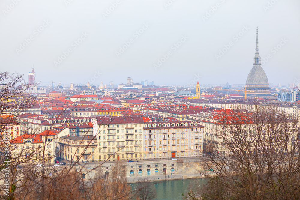 Turin city panorama . River Po in Torino Italy . Mole Antonelliana