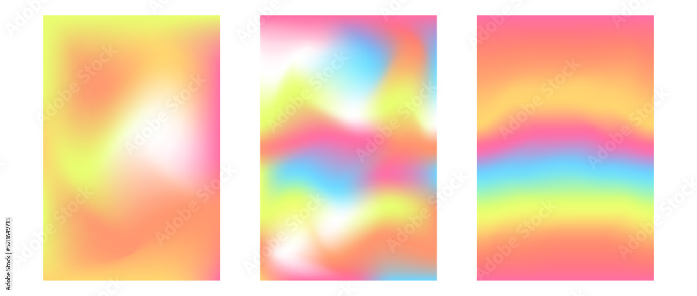 Vector mesh gradient y2k backgrounds set. Abstract fluid aesthetic illustrations. Soft colors pink, blue, yellow, orange. Trendy design with copy space for text. Vibrant blurred template