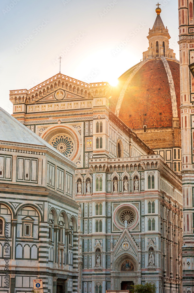 Sunrise panorama of Santa Maria del Fiore cathedral in Florence, Italy. Architecture and landmark of Florence. travel background.