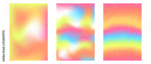 Vector mesh gradient y2k backgrounds set. Abstract fluid aesthetic illustrations. Soft colors pink, blue, yellow, orange. Trendy design with copy space for text. Vibrant blurred template