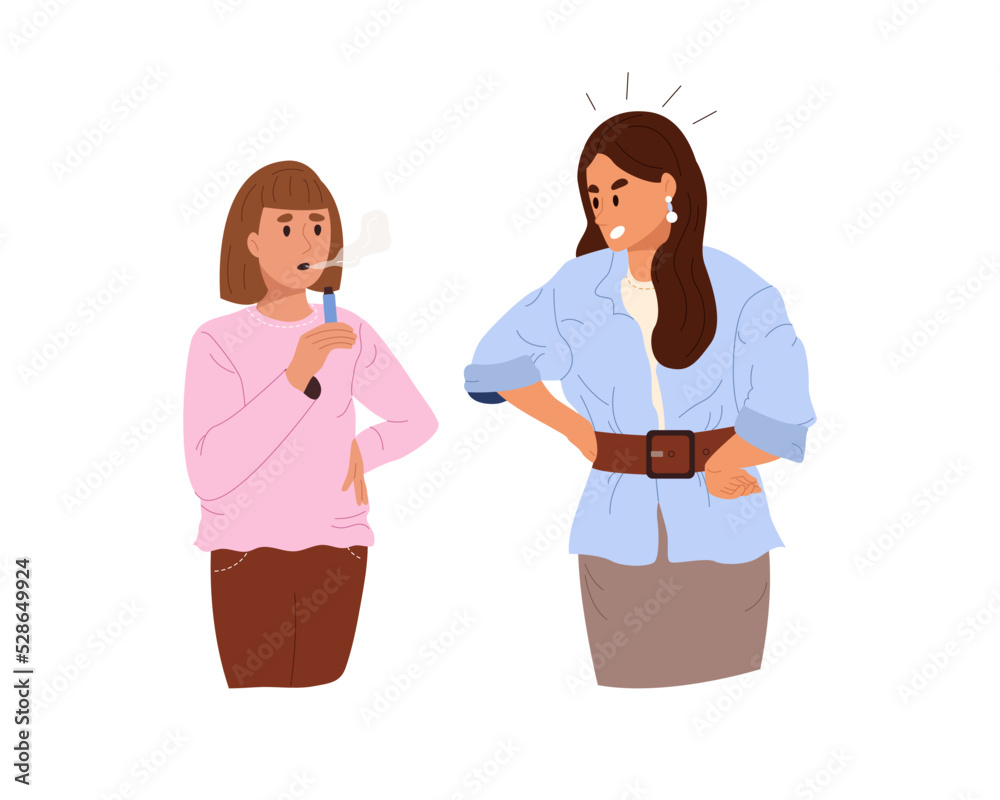 Obraz premium Teenager girl smokes electronic cigarette, angry excited mother standing near daughter. Nicotine addiction in adolescents concept. Flat vector illustration isolated on white background