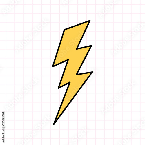 Cute yellow lightning bolt in the style of the 90s. Vector hand-drawn doodle illustration isolated on white background. Nostalgia for the 1990s. Perfect for cards, decorations, logo, stickers.