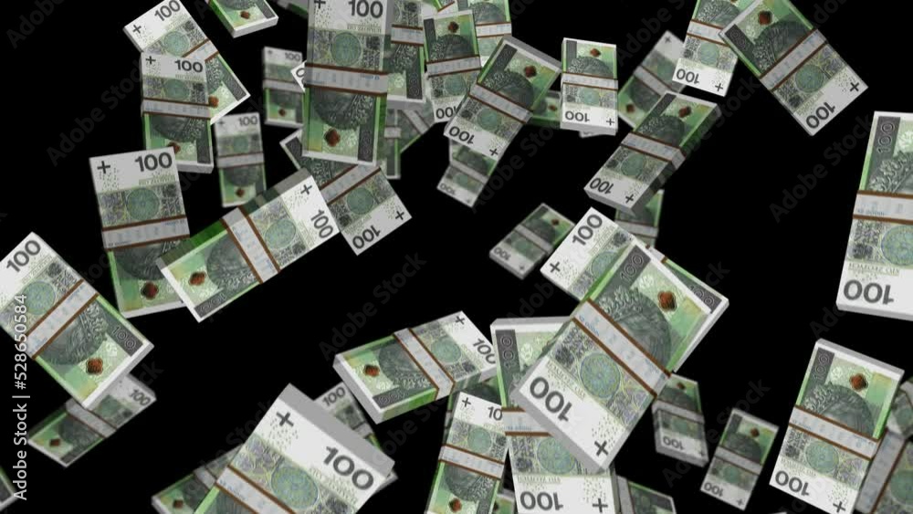Zloty 100 PLN banknote packs falling loop. Poland money note fall. 3D seamless looped isolated abstract concept of economy, finance, crisis, success and banking. Zloty 100 PLN banknote packs falling loop. Poland money note fall. 3D seamless looped isolated abstract concept of economy, finance, crisis, success and banking.