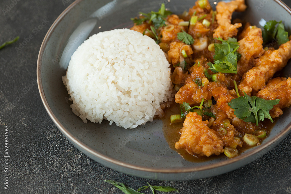 bright fragrant meat pieces and strips in starch batter in Asian style with steamed rice bright fragrant meat pieces and strips in starch batter in Asian style with steamed rice