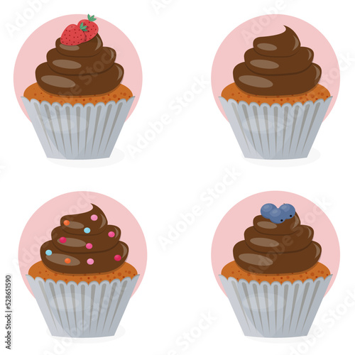 Sweet food, Cake, Cupcakes icon set, Creme Brulee,  Dark Chocolate taste,  Pink, brown, purple color. Vector illustration, Vector image of a set of cupcakes