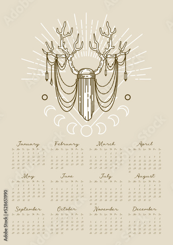 Magic calendar 2023. Deer antlers, crystal, sun rays, moon phases. Vintage illustration in boho style. Halloween, witchcraft, astrology, mysticism. 12 months of 2023